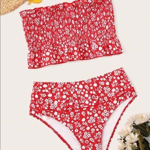 Floral Smocked Bandeau With High Waist Bikini Set